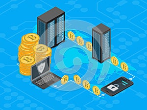 Bitcoin Mining Concept 3d Isometric View. Vector
