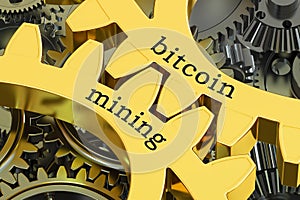 Bitcoin Mining concept on the gearwheels, 3D rendering