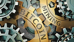 Bitcoin mining concept. Gold and silver gear weel background illustration. 3d render