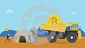 Bitcoin mining concept with miner mine a golden cryptocurrency money - vector illustration