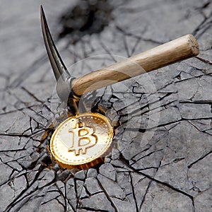 Bitcoin mining concept with pickaxe photo