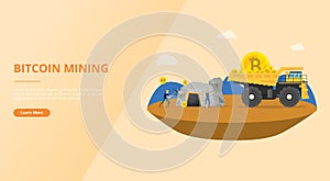 Bitcoin mining concept for website template design with miner mine a golden cryptocurrency money - vector illustration