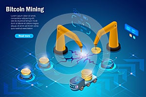 Bitcoin mining, crypto mining rendering system with miners and engineering team, excavator machine processing in virtual GPU
