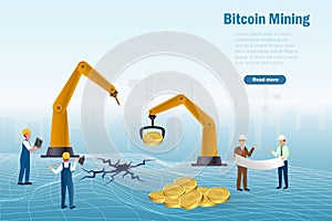 Bitcoin mining, crypto mining rendering system with miners and engineering team, excavator machine processing in virtual GPU