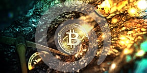 Bitcoin mining in deep golden cave, 3d illustration.