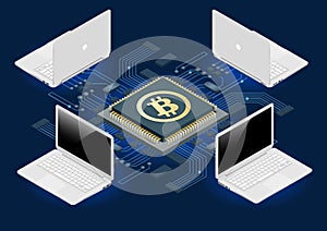 Bitcoin mining equipment. Digital Bitcoin. Golden coin with Bitcoin symbol in electronic environment. Flat 3d isometry photo