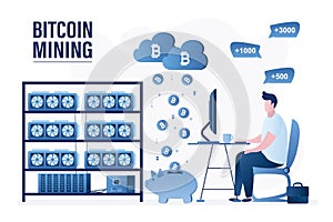 Bitcoin mining farm. Videocards earn crypto currency. Trader or miner at workplace. Mining Cryptocurrency