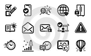 Bitcoin mining, Like photo and Checkbox icons set. Secure mail, Mail and 24h service signs. Vector
