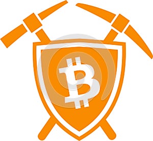 Bitcoin mining logo symbol. Shield emblem icon with cryptocurrency sign on it and two pickaxe behind it. Flat vector photo