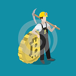 Bitcoin mining miner pick bit coin flat 3d vector isometric