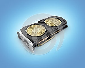 Bitcoin mining Powerful video cards to mine and earn cryptocurrencies concept isolated on blue gradient background 3D render