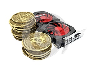 Bitcoin mining Powerful video cards to mine and earn cryptocurrencies concept isolated on white background 3D render without