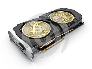 Bitcoin mining Powerful video cards to mine and earn cryptocurrencies concept isolated on white background 3D render