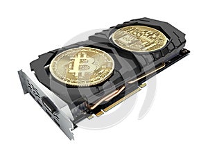 Bitcoin mining Powerful video cards to mine and earn cryptocurrencies concept isolated on white background 3D render without