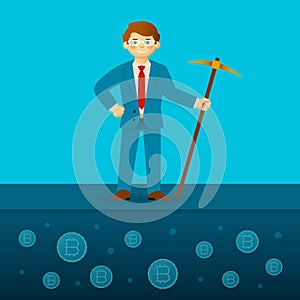 Bitcoin mining vector concept with pick and pit