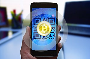 Bitcoin mobile wallet, online mobile cryptocurrency payment concept.