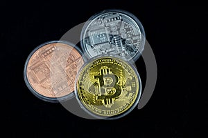 Bitcoin is a modern way of exchange and this crypto currency. bitcoin gold on Black background. Bitcoins and New Virtual money con
