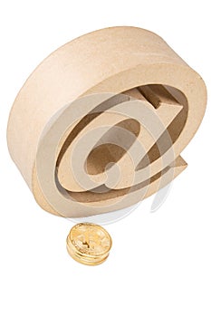 Bitcoin money golden coin with 3d arobase brown carton