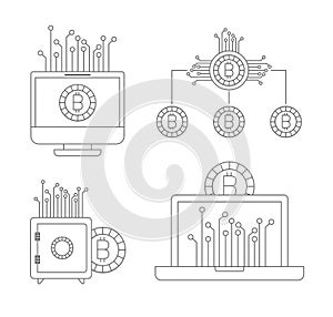 Bitcoin monochrome icons of investment with computer and strongbox and tech