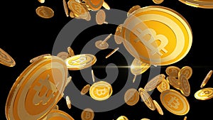 Bitcoin multiplying, gold cryptocurrency coins falling on black background, 3D render