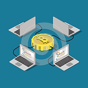 Bitcoin network connection online mining flat vector isometric