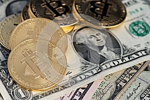 Bitcoin new virtual money and banknotes of one dollar. Exchange bitcoin for a dollar.