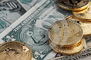 Bitcoin new virtual money and banknotes of one dollar. Exchange bitcoin for a dollar.