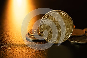 Bitcoin New Virtual money concept.Gold bitcoin isolated on black background for design. Golden coin with icon letter B