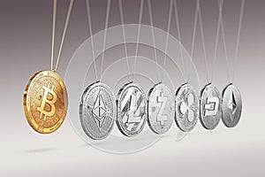 Bitcoin on Newton`s cradle boosts and accelerates other cryptocurrencies and back and forth. Cryptocurrencies boosting prices one