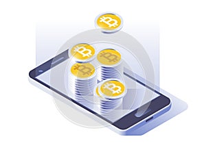 Bitcoin online currency payment and wallet concept. Smart phone screen with money. Vector illustration 3d design.