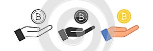 Bitcoin an open palm icon. Give crypto symbol. Sign virtual money and hand vector
