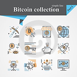 Bitcoin outline and flat trendy icon set