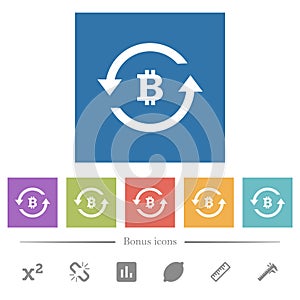 Bitcoin pay back flat white icons in square backgrounds