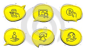 Bitcoin pay, Rotation gesture and Recruitment icons set. Education sign. Cryptocurrency coin, Undo, Hr. Vector