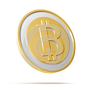 Bitcoin. Physical bit coin. Digital currency. Cryptocurrency. Golden coin with bitcoin symbol on white