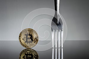 Bitcoin physical coin symbol with silver fork