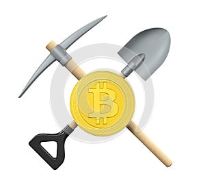 Bitcoin, Pick Axe and Shovel Isolated