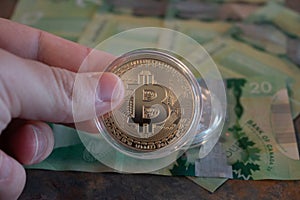 Bitcoin and pile of ram memory. Bitcoin and pile of computer random access memory cards