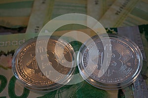 Bitcoin and pile of ram memory. Bitcoin and pile of computer random access memory cards