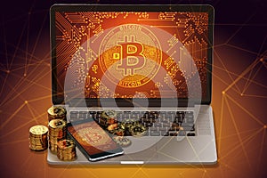 Bitcoin piles laying on laptop with Bitcoin logo on-screen and blockchain nodes all around