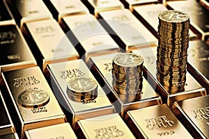 Bitcoin piles on rows of gold bars gold ingots. Bitcoin keep growing and it is as desirable as gold concept.