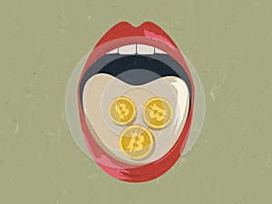 Bitcoin pills in girl mouth, addictive Bitcoin investment photo