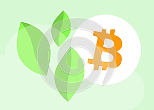 Bitcoin Pollution - Energy Usage and Environmental Impact. Bitcoin mining carbon footprint harm to nature. Green Leaves Symbolize