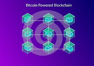 Bitcoin powered blockchain concept. 3d isometric vector illustration of connected blocks and crypto currency