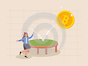 Bitcoin price rebound concept, crypto currency bounce back to rising up after falling down , businesswoman jumping for