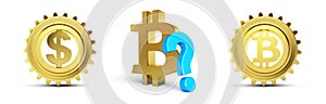 Bitcoin with question mark on a white background 3D illustration