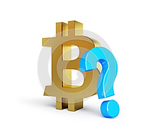 Bitcoin with question mark on a white background 3D illustration, 3D rendering