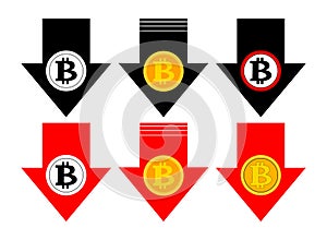 Bitcoin rate falling color icon. Cryptocurrency with down arrow. Bit coin collapse Falls Down. Vector Illustration.