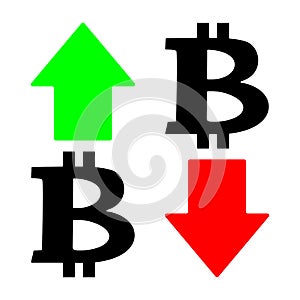 Bitcoin rate and falling icon with down arrow. Exchange indicating growth and a drop in prices and profits. Concept of purchase of