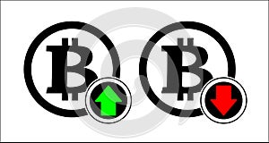 Bitcoin rate and falling icon with down arrow. Exchange indicating growth and a drop in prices and profits. Concept of purchase of